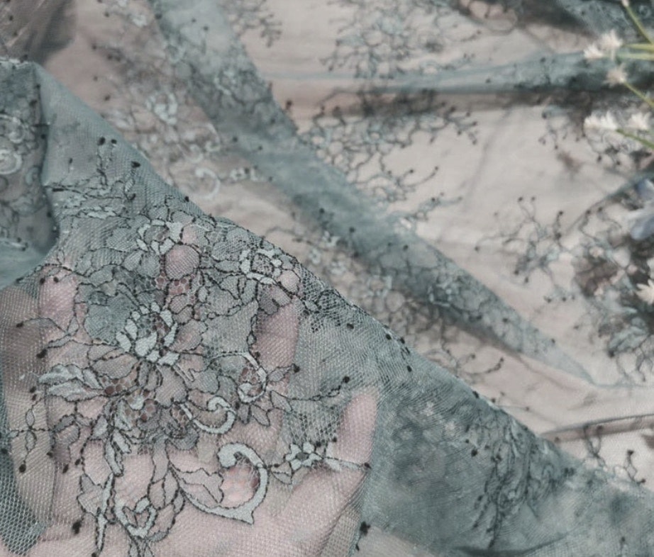 Dantela tip chantilly bleu- menta prafuit fara burdura
