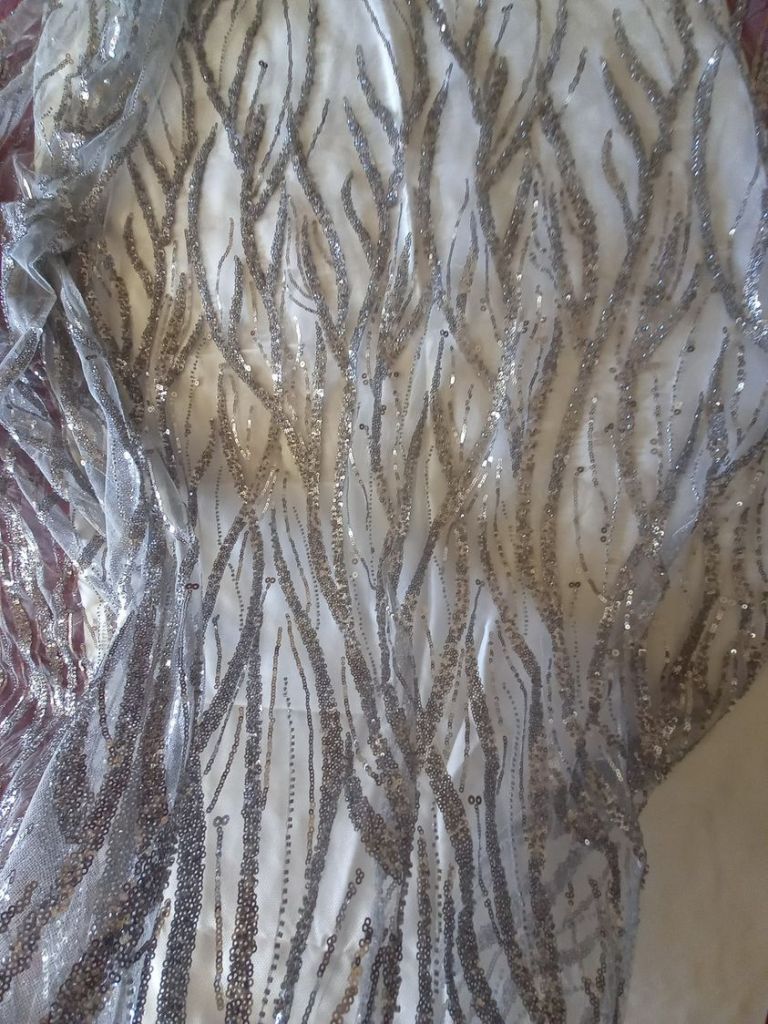 Dantela gri cu dungi din  margele si paiete, lace fabric glass beads, glass apliques
