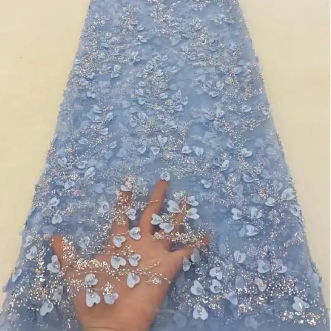Dantela bleu cu flori 3d, 
margele si paiete,