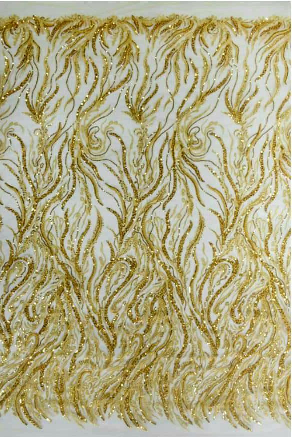 Dantela cu margele si paiete auriu intens pe tull auriu . gold lace fabric glass beads, glass apliques