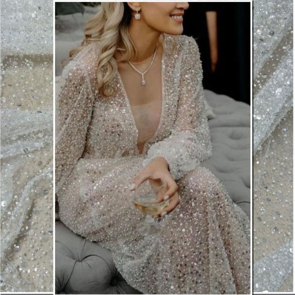 Broderie cu perle, paiete si margele, off white, rochii mireasa. materiale textile