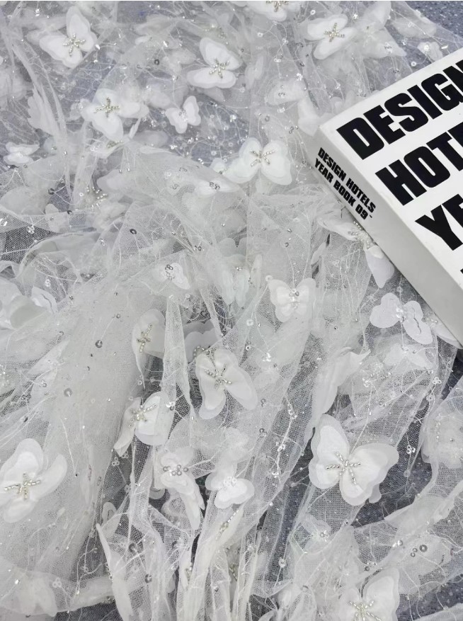 Dantela fluturi 3D, margele si sclipici
, botez, nunta butterfly wedding lace fabric glass beads, glass apliques