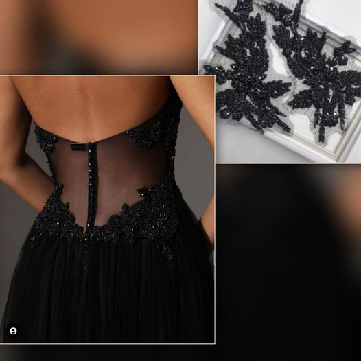 Aplicatii negre cu cristale din sticla,, lucrata manual , lace fabric glass beads, glass apliques. Broderii exclusive. Calitate Superioara. Broderii exclusive.
