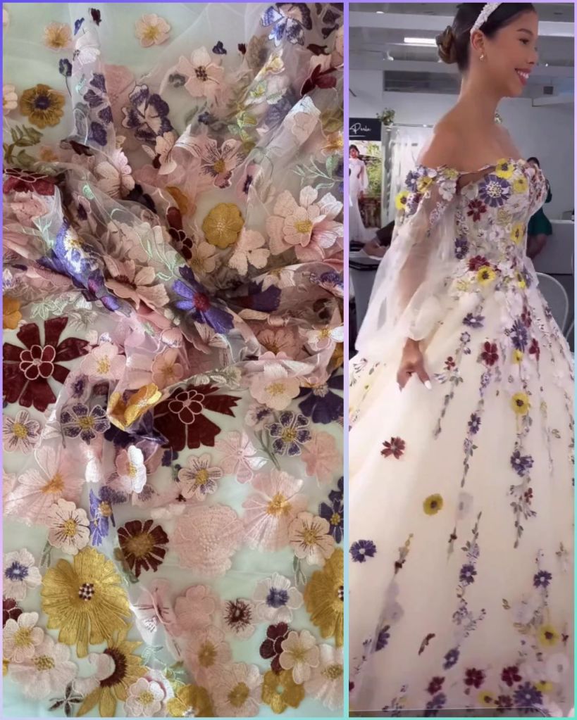 Dantela cu flori 3D pe tull roz,
 pentru un look similar stil Oscar,
brodata pe toata suprafata