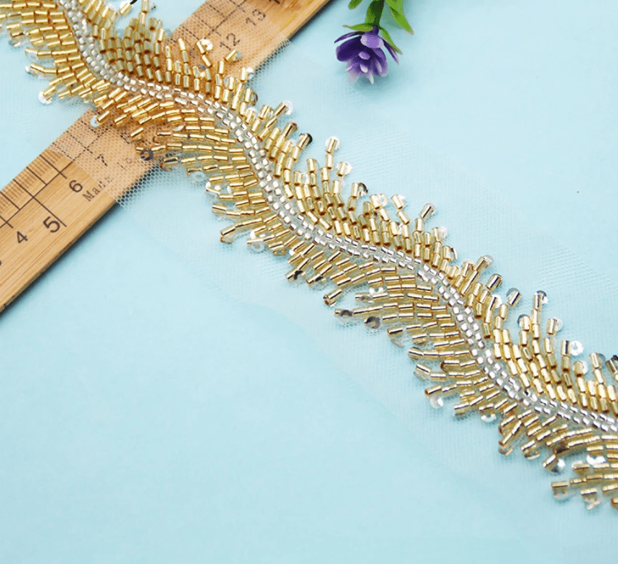 Bordura aurie-argintie cu margele din sticla, gold glass beads, glass apliques