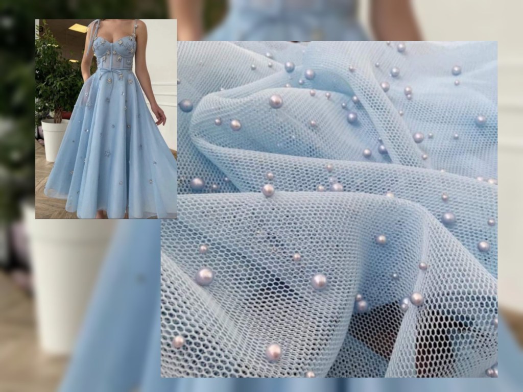 Plasa din neopren
bleu ciel cu perle . Tesaturi de evenimente, rochii de seara, bluze, fuste.
