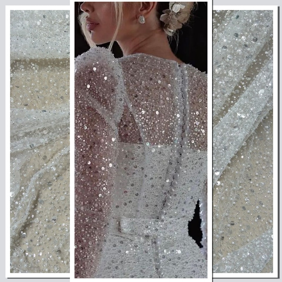 Dantela off white cu perle, 
margele si paiete, 
pentru rochii de mureasa