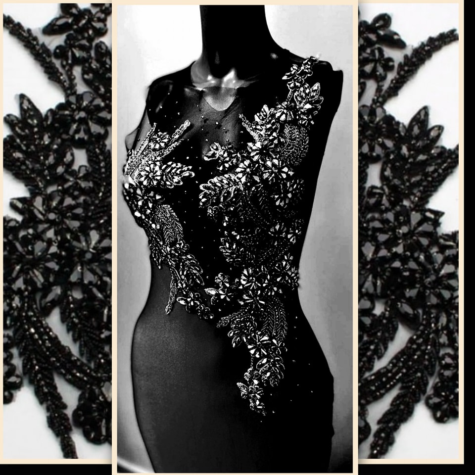 flori negre cu cristale din sticla, lucrata manual, pentru corsete, rochii de seara