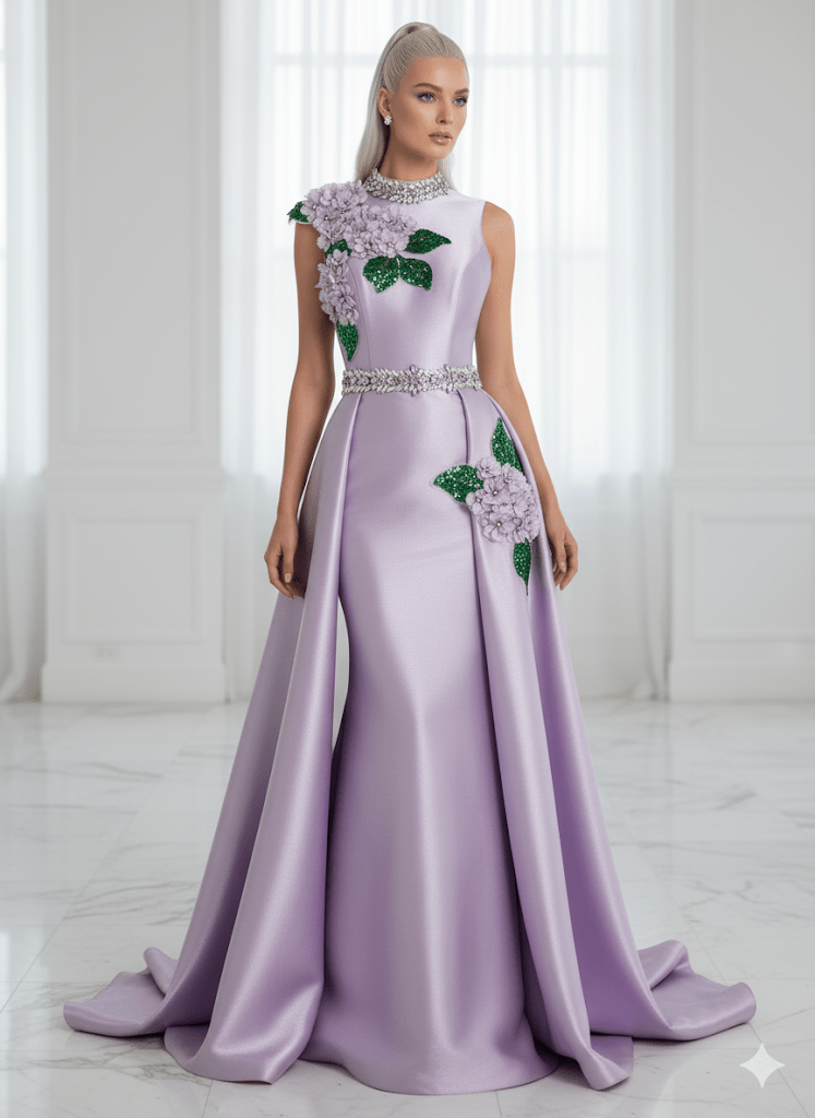 Pentru acest look recomandam:
Aplicatie de cusut cu flori 3D si cristale pentru un look similar
pret 75 lei/bucata.
Brau lila, curea cu cristale din sticla, , lucrata manual