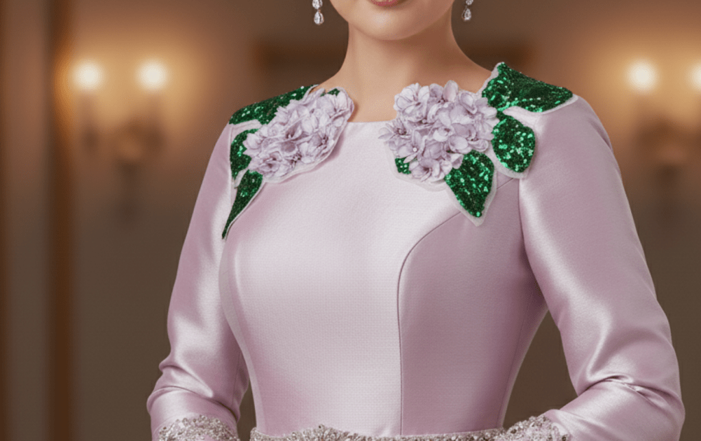 Aplicatie de cusut cu flori 3D si cristale pentru rochii de seara . Tesaturi de evenimente, rochii de seara, bluze, fuste.
