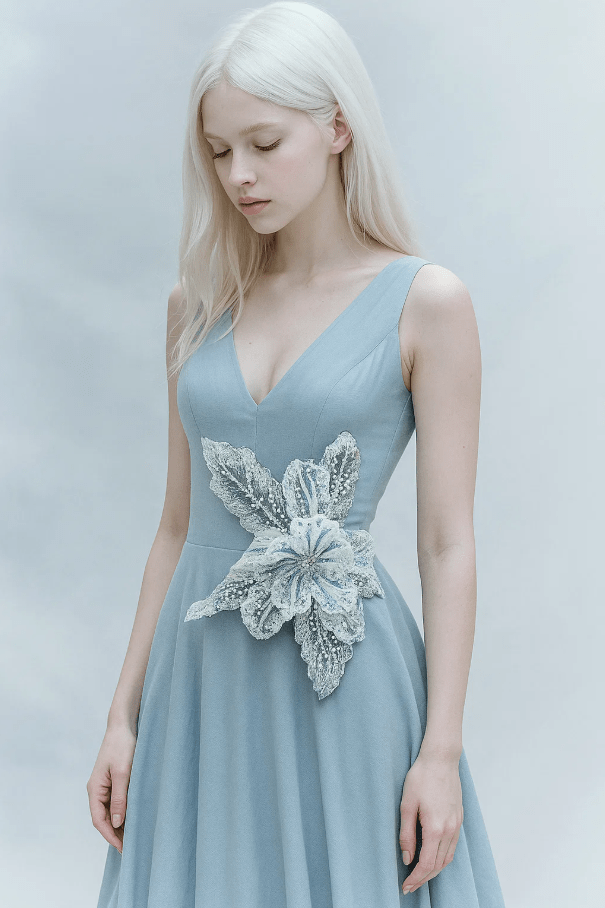  Floare de cusut bleu 3d din margele, 30cm, pentru rochii de seara 
