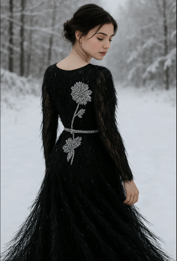 organza neagra cu franjuri, floare din cristale . Tesaturi de evenimente, rochii de seara, bluze, fuste.