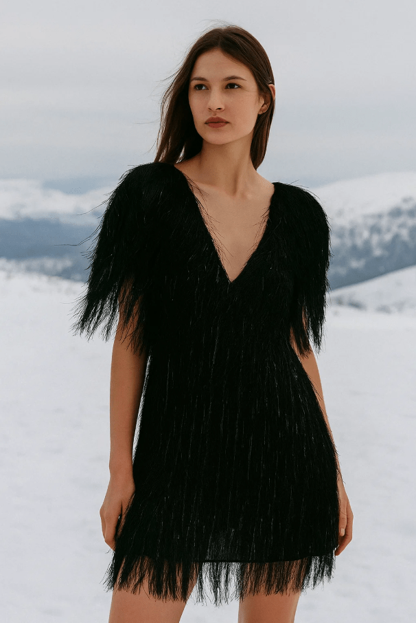 organza neagra cu franjuti pentru rochii, bluze, fuste