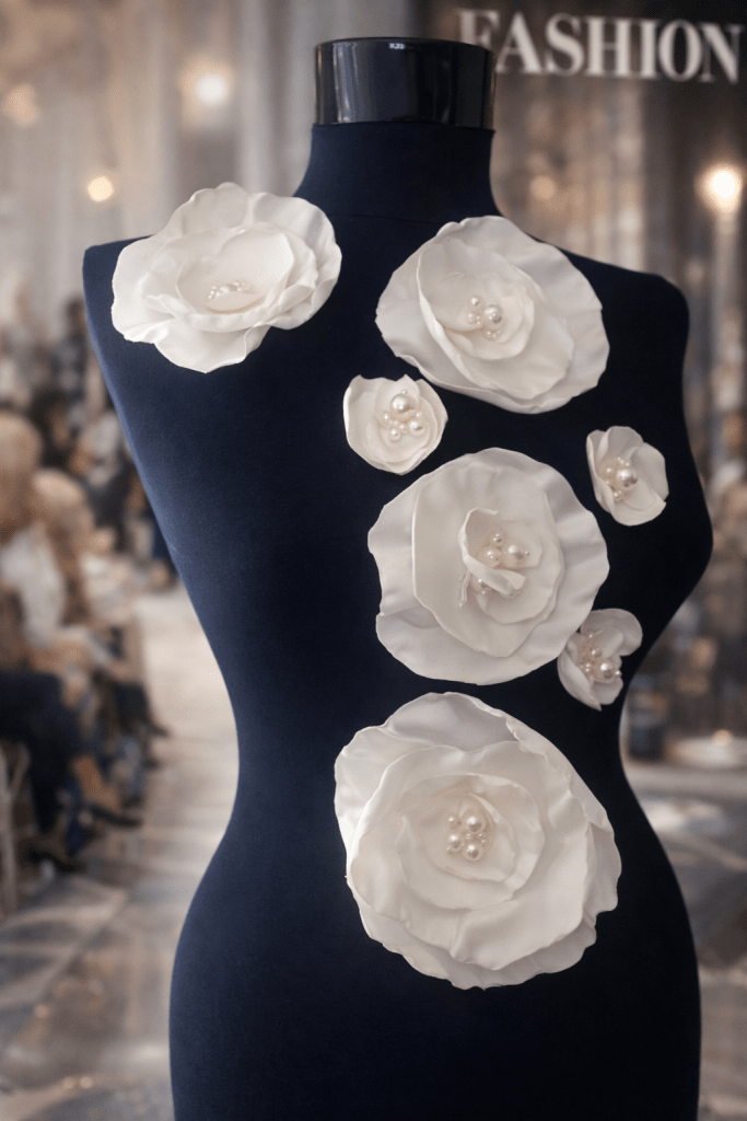 flori 3d din tafta off white. Floare 3D cu perle 20x22 cm. Aplicatie de cusut pentru mireasa