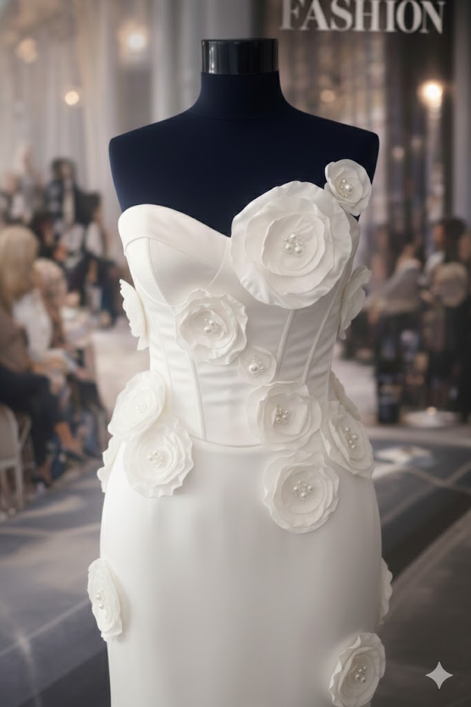 Floare 3D cu perle 20x22 cm. Aplicatie de cusut pentru mireasa