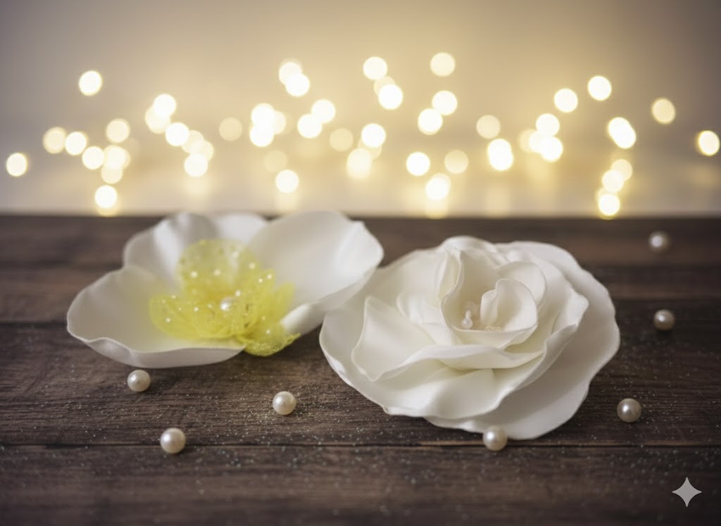 Flori de cusut 3D din tafta off white, alb, ivoar,  cu perle, 10-12cm