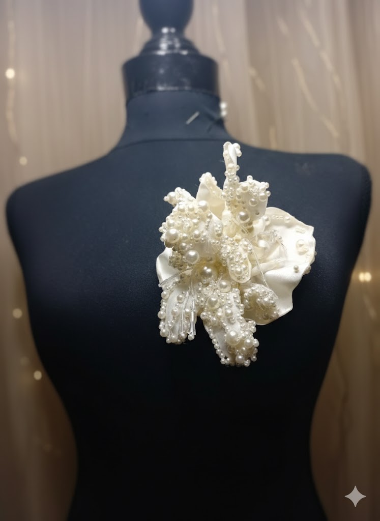 Floare cu perle 3D din tafta, 
 10-12cm/ 152 lei buc. 