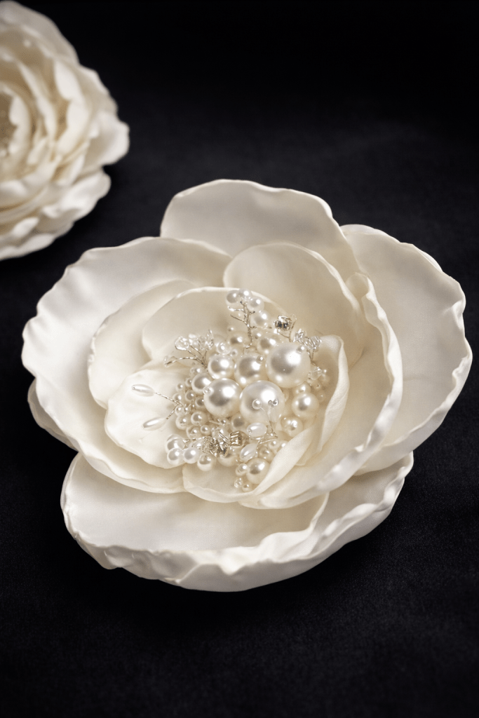 Floare 3D ivoar cu perle cristale 5D. Diametru 12cm, centrul florii accesorizat 5cm / 82 lei buc