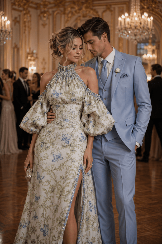 Imprimeu floral baroc italian romantic pentru rochie de seara