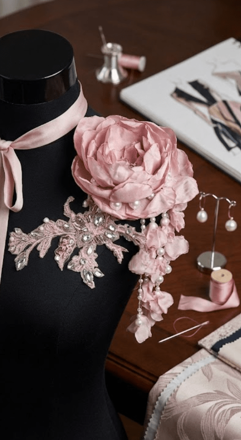 floare de cusut 3D roz prafuit imitatie de matase, epolet, umar, pentru rochie de eveniment